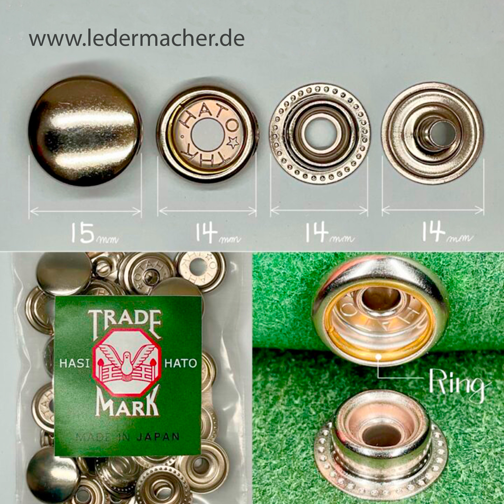 THK/Hasi Hato Premium Druckknopf 15 mm Ringfeder silberfarben 15 mm - (10 Sets)